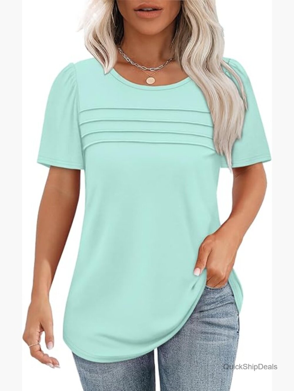 Flowy Pleated Front Scoop Neck Short Sleeve T-Shirt